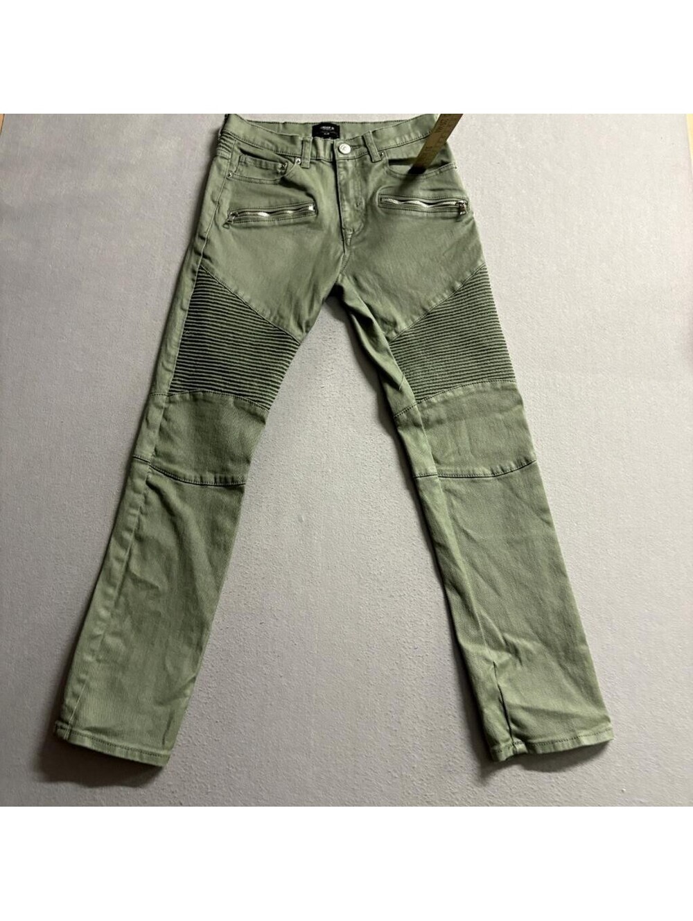 Forever 21 Slim Biker Jeans Mens 29 Olive Green Moto Ribbed Denim Pants